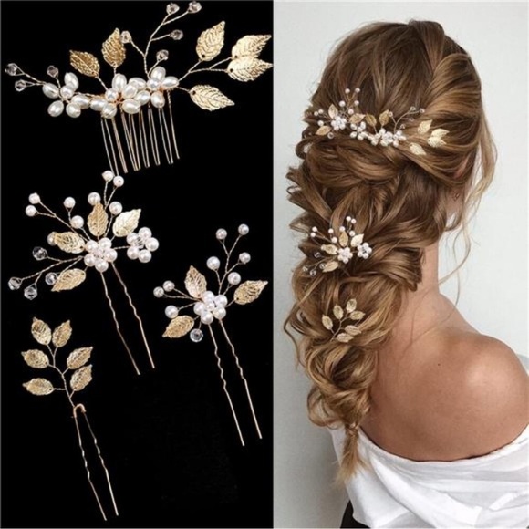 4 Pieces Bridal Wedding Hair Pins Gold Leaf Crystal Pearl Hair Pins Clips